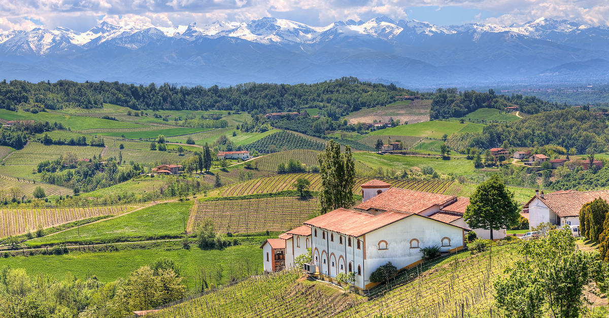 Green hills of vineyards and white stone houses with red-tiled roofs and snowcapped mountains in the background