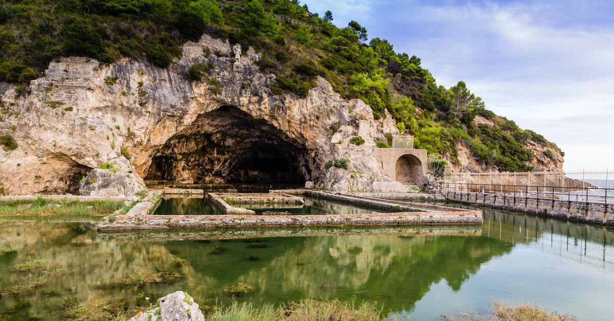 Water leading into a cave in the Villa of Tiberius in Italy