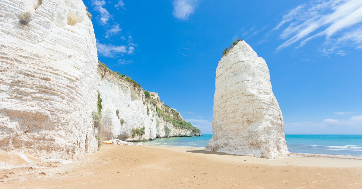 The white cliffs and pinkish sand leading up to the waters of Scialara Beach, one of the best beaches in Europe