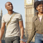 Young couple holding hands walking with the Palace of Westminster in London in the background