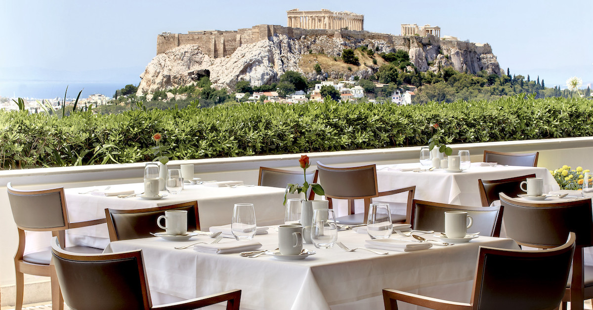 Terrace with a view of the Acropolis at GB Roof Garden, an Athens restaurant