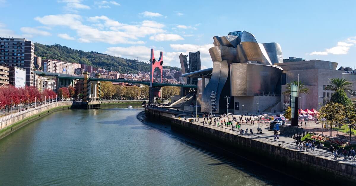 Modern buildings along a river in Basque Country, Spain
