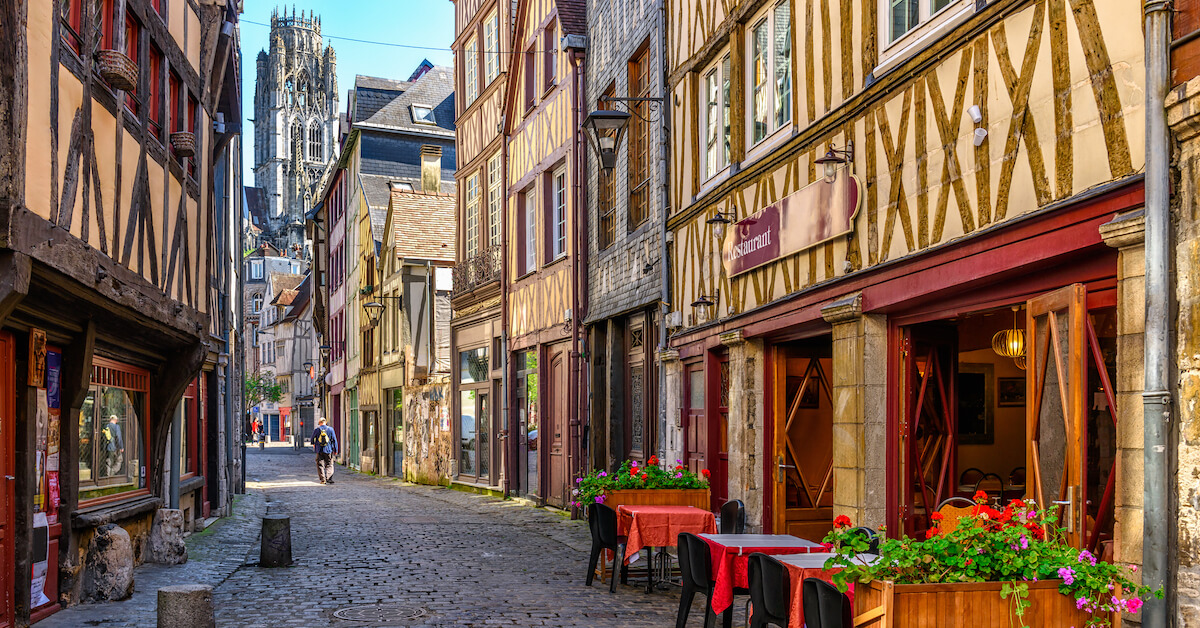 Street of medieval buildings in Normandy, France