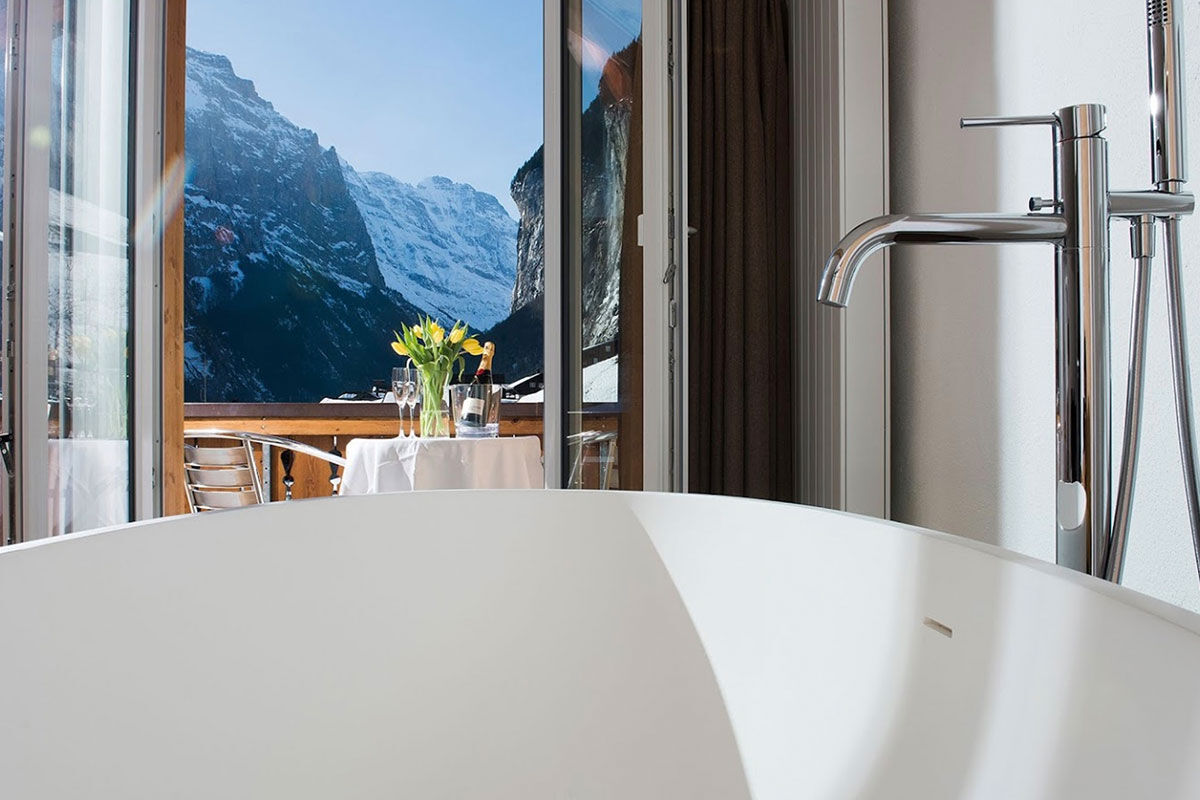 <b>Hotel Silberhorn, Lauterbrunnen</b> - With down-to-earth and classically modern rooms, the Hotel Silberhorn’s claim to fame is its incredible views from within the idyllic Lauterbrunnen valley. This wellness hotel offers a spa, Swiss ski school, unassuming restaurant with a fireplace, terrace and a sunroom.