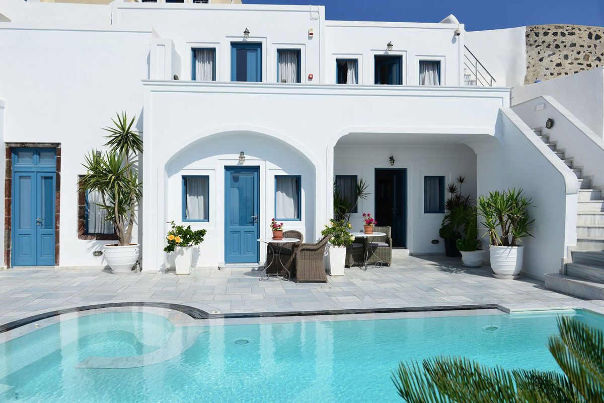 <b>Anteliz, Fira</b> - Airy and elegant with the essence of Theran design, the Anteliz Suites are perched on a hilltop overlooking the Aegean Sea. Close to the town of Fira, this boutique hotel offers panoramic views from the terrace where you can drift in the pool or relax in the hydro-massage hot tub.