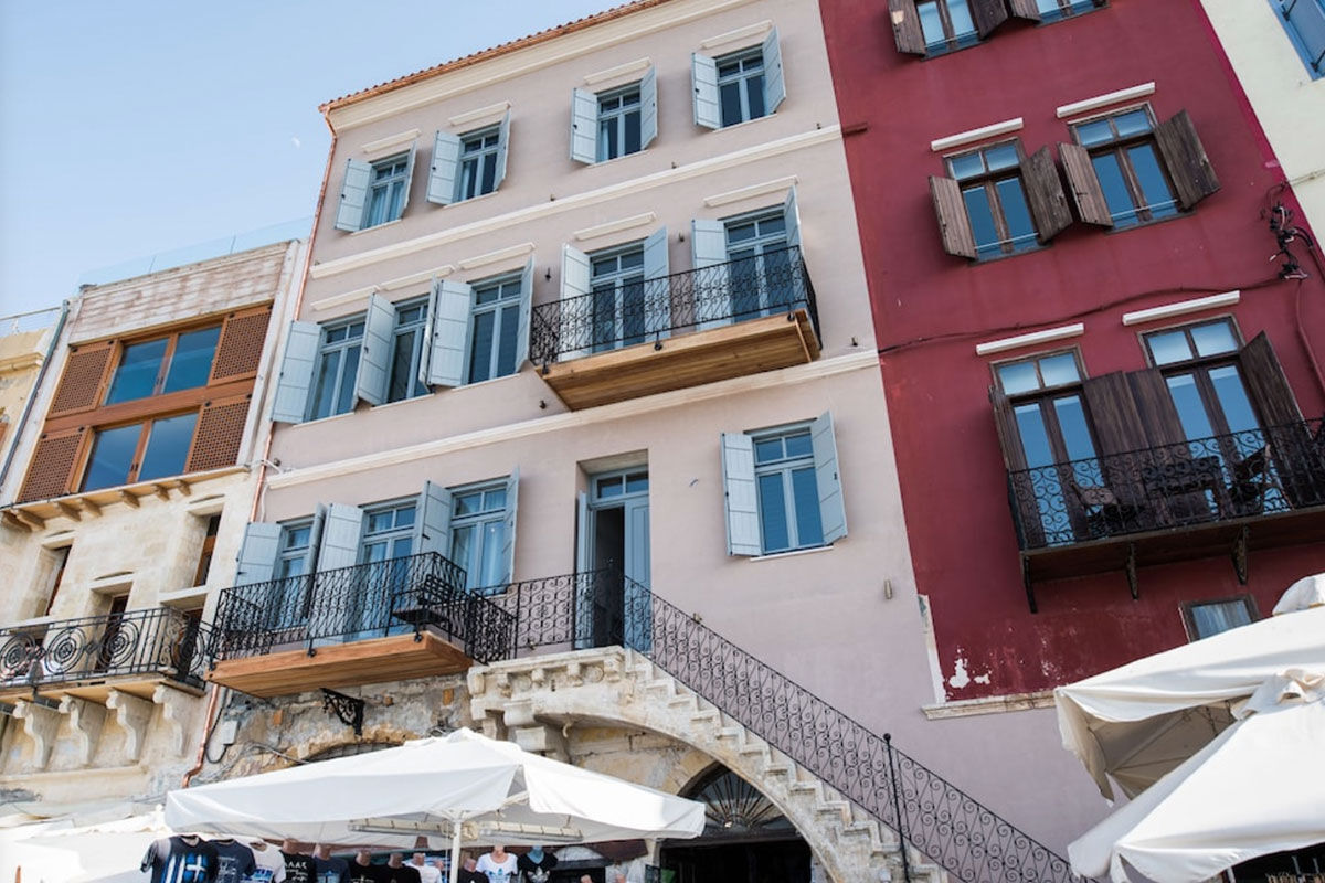 <b>Scala de Faro, Chania</b> - Located right on the Venetian harbor of Chania, this luxury boutique hotel has a sleek, contemporary style, with brass notes and warm coloring. Right in the middle of Old Town, guests have the cobblestone shopping street right outside their door.
