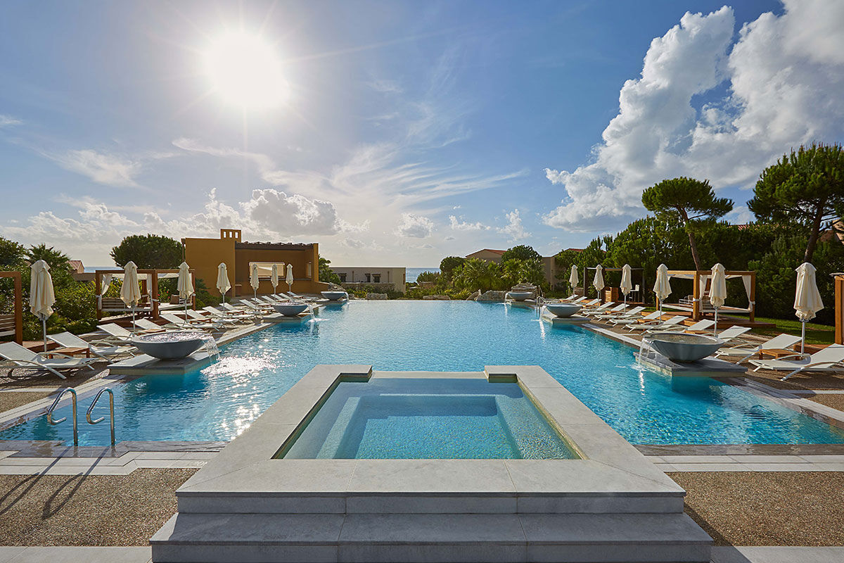 <b>The Westin Costa Navarino, Pilos</b> - This wellness hotel is comprised of a series of stone buildings inspired by local mansions. It’s a plush beachfront resort that is home to multiple restaurants and bars, indoor and outdoor pools, sports courts, a golf course and a water park all on site.