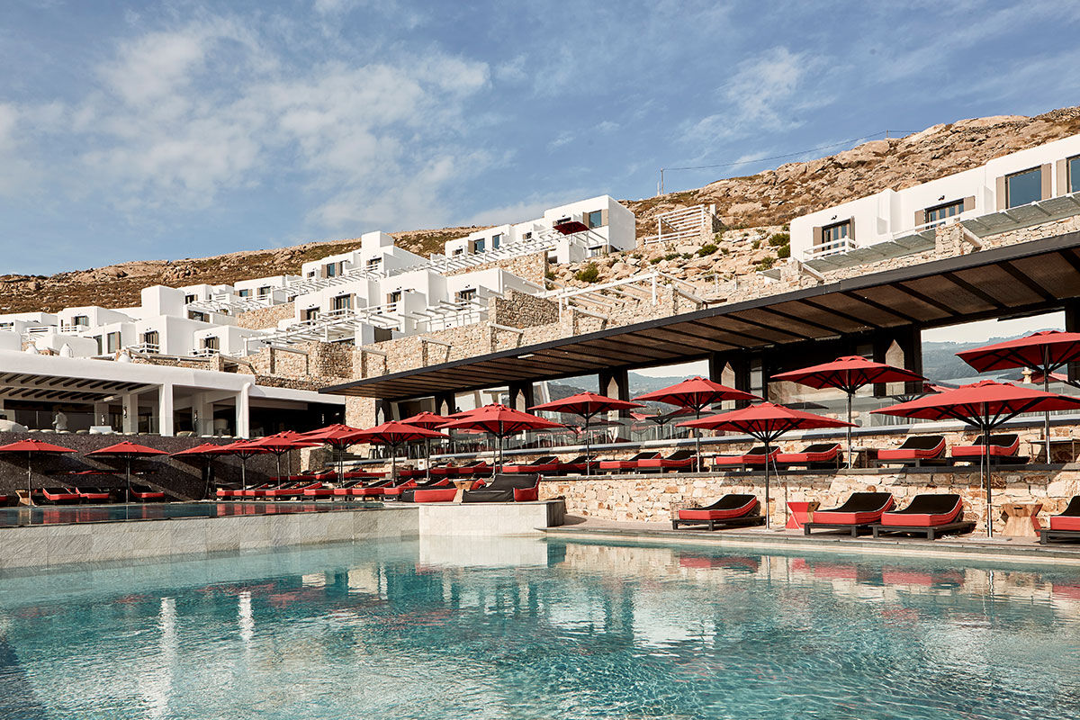 <b>Myconian Avaton, Elia</b> - Newly built in 2014, the Myconian Avaton resort juxtaposes traditional whitewashed exteriors with modern luxe interiors. Set on a private section of Elia Beach, this Cycladic architectural feat has a timeless authenticity that is only enhanced by its infinity pools, fine dining and contemporary furnishings.