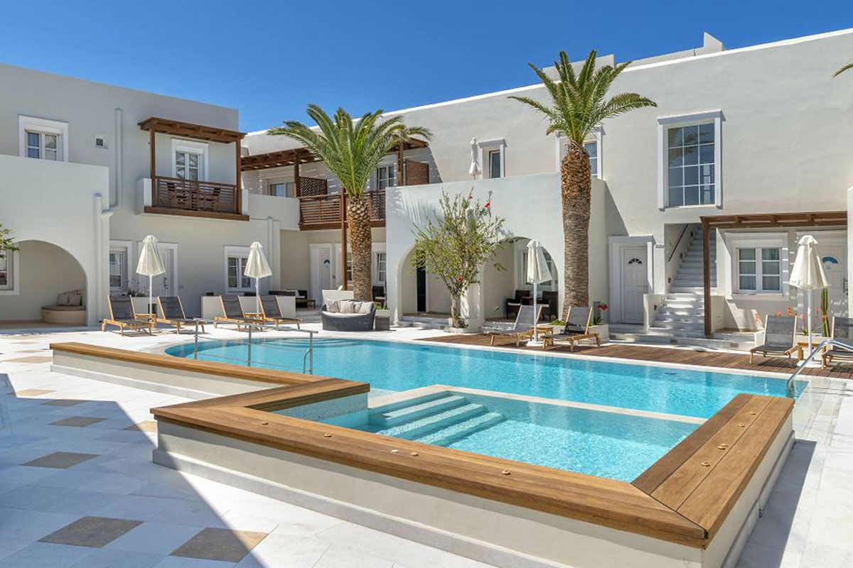 <b>Nissaki, Naxos Town</b> - On the shores of the Mediterranean and facing Saint George Beach, the Nissaki Beach Hotel is a 10-minute walk to the Archaeological Museum of Naxos, and 15-minutes’ walk to the ancient Puerta de Apolo monument. Head to the beachfront restaurant for a relaxed seafood dinner, or head to the poolside bar for funky cocktails.