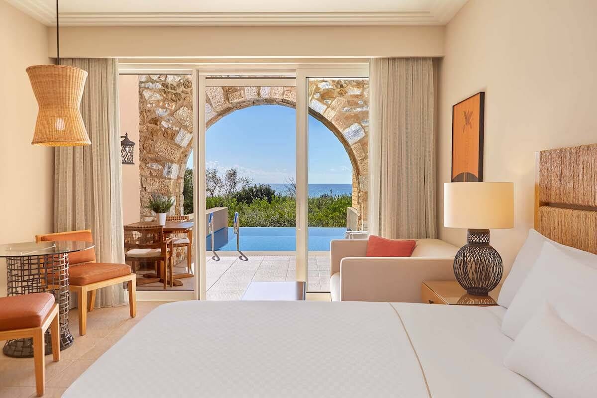 <b>The Westin Costa Navarino, Pilos</b> - This wellness hotel is comprised of a series of stone buildings inspired by local mansions. It’s a plush beachfront resort that is home to multiple restaurants and bars, indoor and outdoor pools, sports courts, a golf course and a water park all on site.