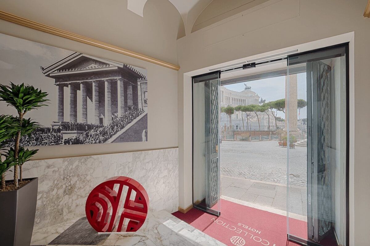 <b>NH Collection Roma Fori Imperiali</b> - Set overlooking the Roman Forum, this boutique hotel is home to a panoramic cocktail lounge, bistro, and two bars. With light and airy rooms, sweet dragonfly wallpaper and checkered marble floors, this charming hotel is a calming retreat after a day of exploring.