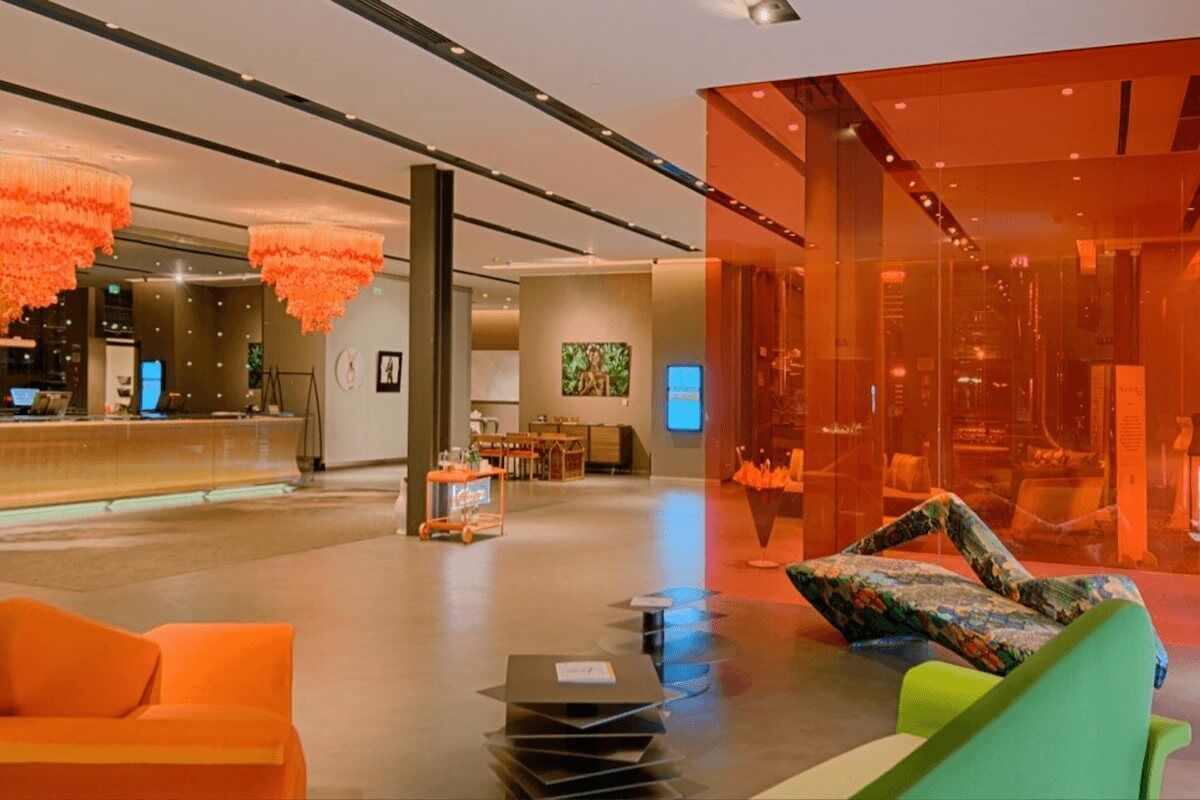 <b>nhow Milano</b> - With eclectic furniture, a colorful palette, and a chic restaurant serving up regional cuisine, this landmark hotel sure is trendy! Located in Zona Tortona (Milan’s design district) it seems only fitting that they have modernist art exhibitions featured right in their lobby (rotating every 6 months).